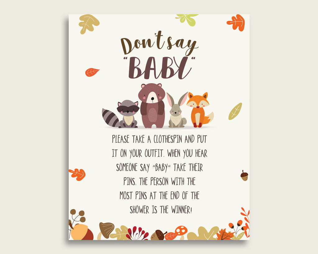 Brown Beige Don't Say Baby Printable Game, Gender Neutral Baby Shower Woodland Game Sign, Instant Download, 8x10, Animals Creatures w0001