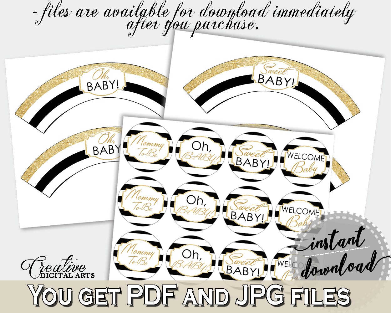 Baby shower CUPCAKE TOPPERS and cupcake WRAPPERS printable with black white stripes theme for boys and girls, instant download - bs001