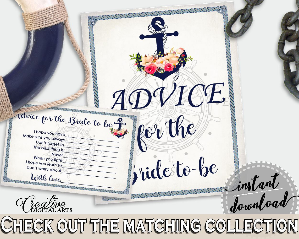 Navy Blue Nautical Anchor Flowers Bridal Shower Theme: Advice For The Bride To Be - advice sign, antique bridal theme, party stuff - 87BSZ - Digital Product