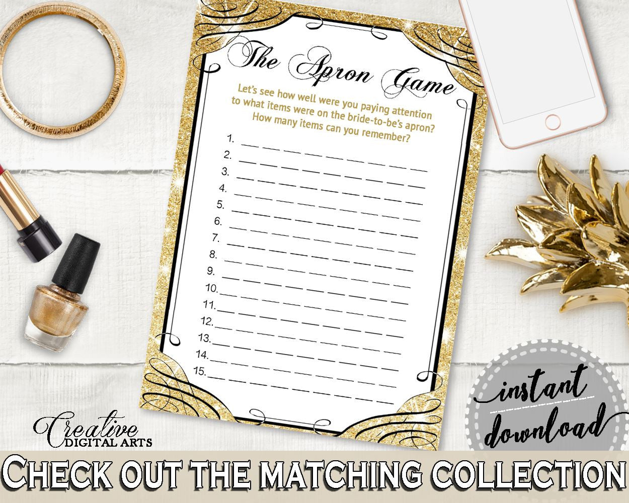 Gold And Yellow Glittering Gold Bridal Shower Theme: The Apron Game - memory game, flashy bridal, party supplies, party décor - JTD7P - Digital Product