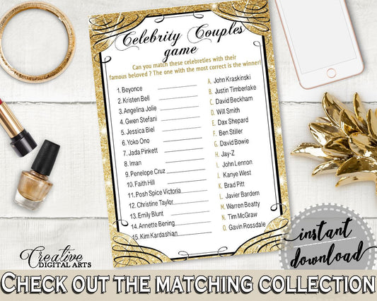 Celebrity Couples Game in Glittering Gold Bridal Shower Gold And Yellow Theme, famous bridal shower, flashy bridal, party supplies - JTD7P - Digital Product