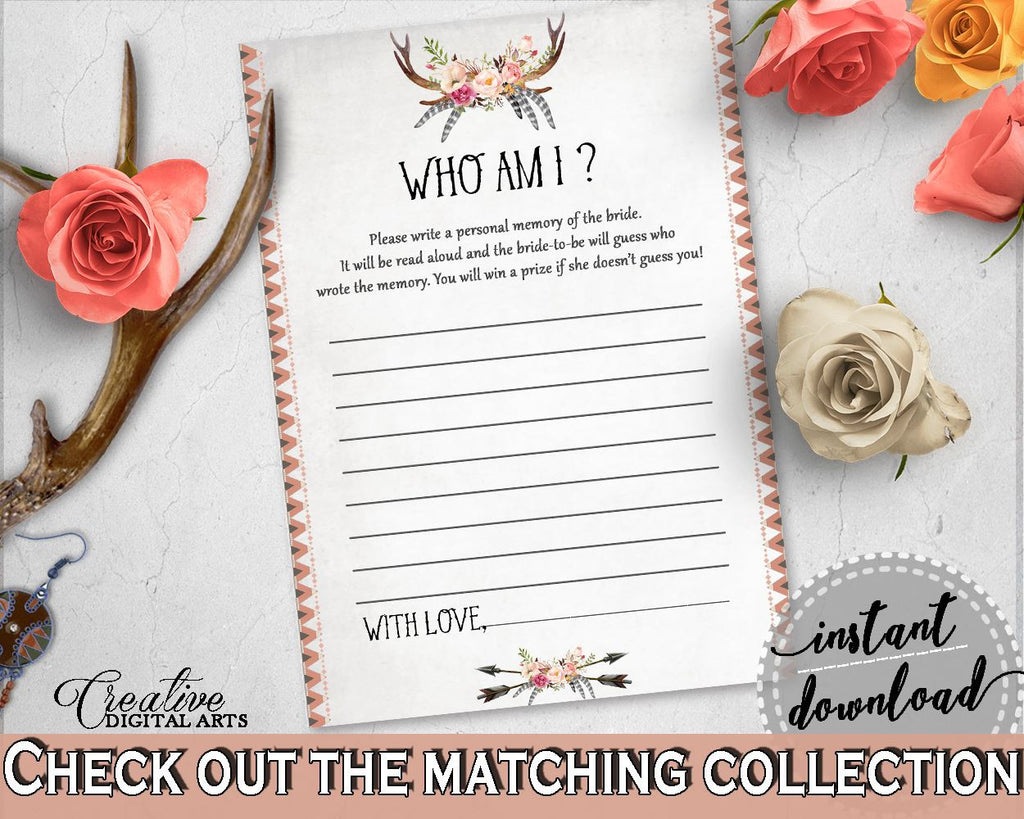 Who Am I Game in Antlers Flowers Bohemian Bridal Shower Gray and Pink Theme, bride to be memories, party theme, customizable files - MVR4R - Digital Product