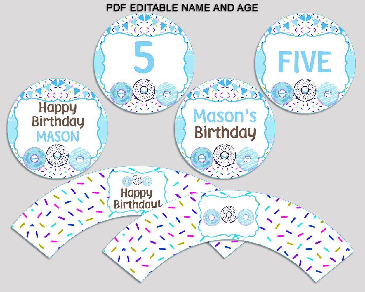 Donut Cupcake Toppers Donut Cupcake Wrappers Blue White Birthday Toppers Boy 4X9CJ