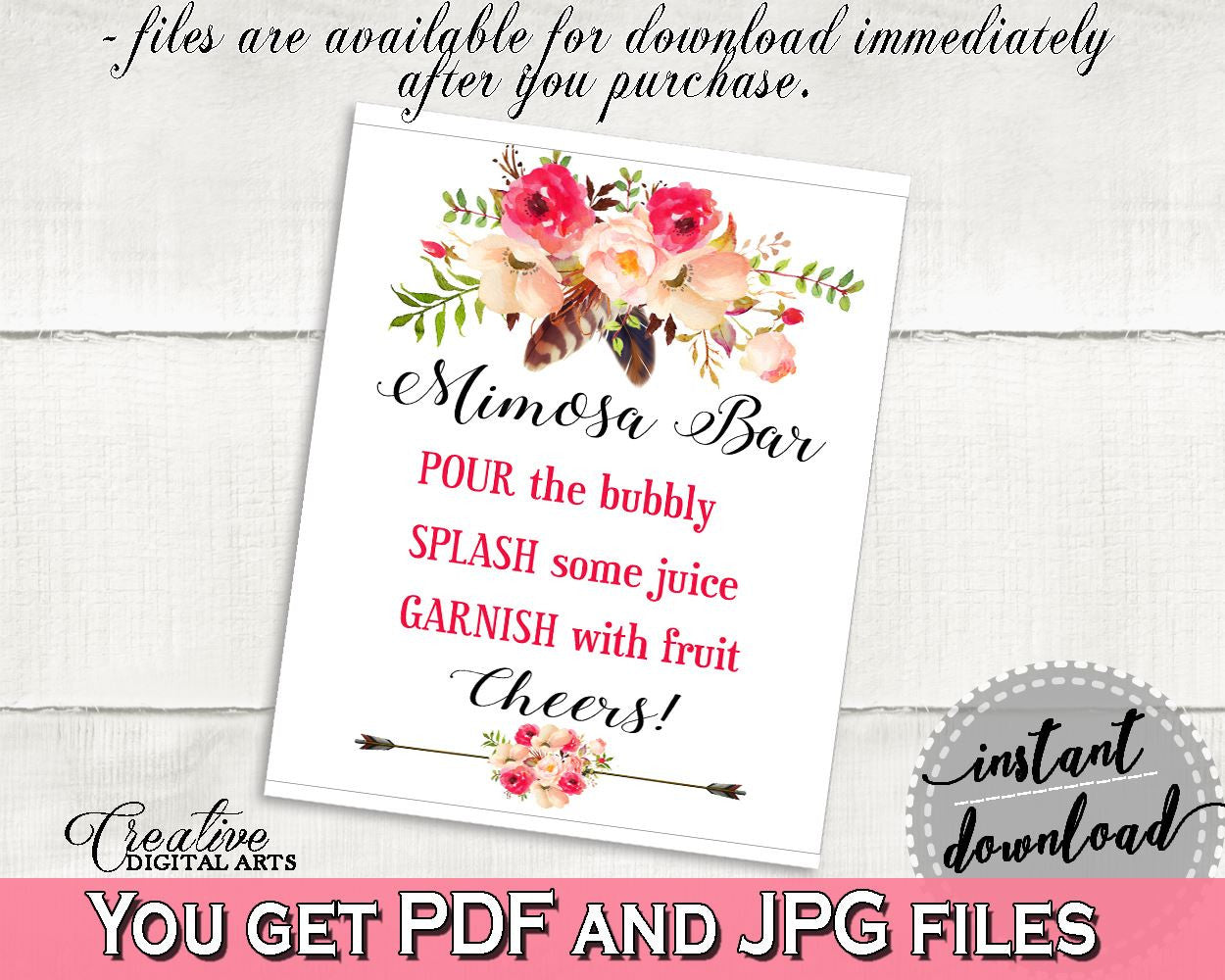 Pink And Red Bohemian Flowers Bridal Shower Theme: Mimosa Bar Sign - table decor, shabby chic, pdf jpg, printables, prints - 06D7T - Digital Product