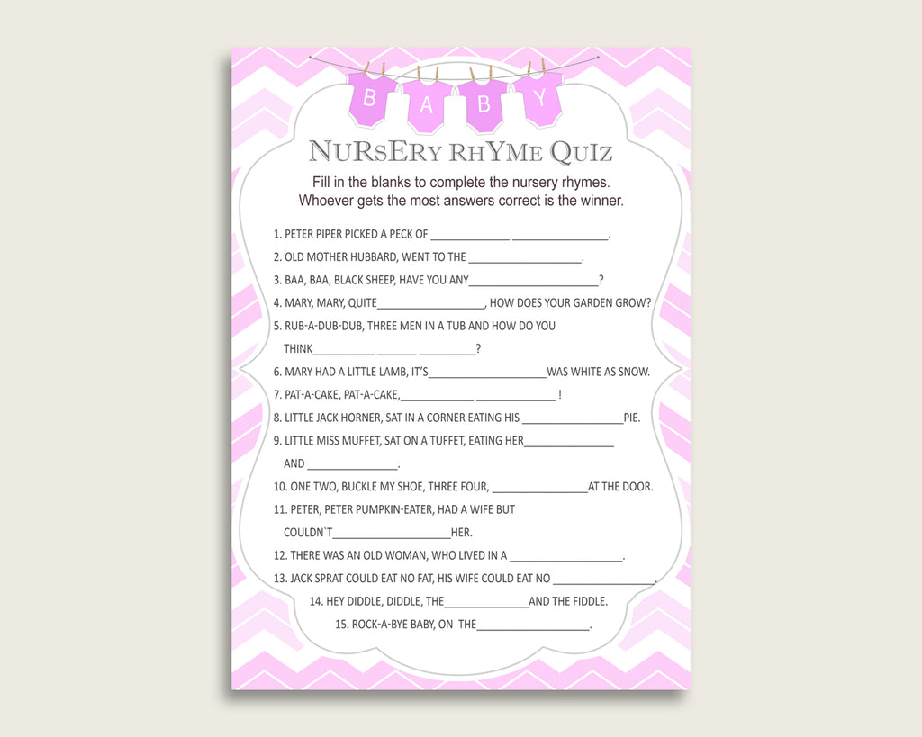 Chevron Nursery Rhyme Quiz Printable, Pink White Nursery Rhyme Game, Pink White Baby Shower Girl Activities, Instant Download, Popular cp001