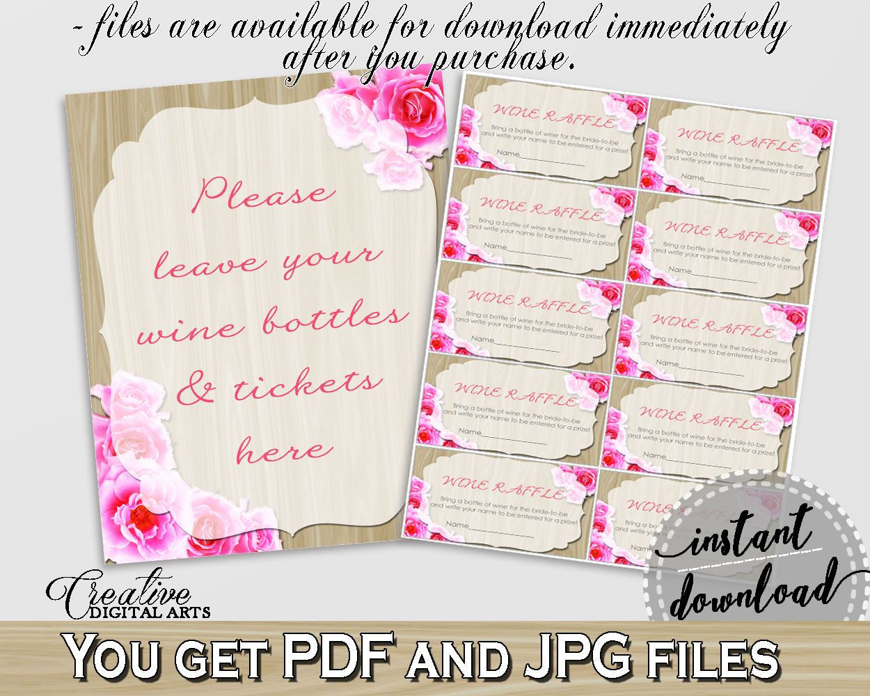 Wine Raffle in Roses On Wood Bridal Shower Pink And Beige Theme, wine party, light bridal shower, shower activity, paper supplies - B9MAI - Digital Product