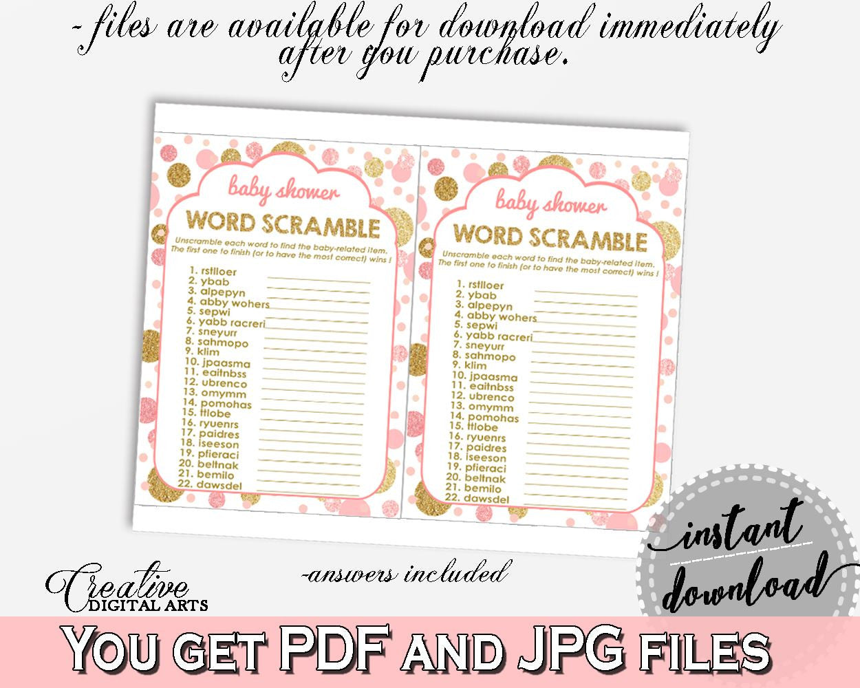 Pink Gold Word Scramble, Baby Shower Word Scramble, Dots Baby Shower Word Scramble, Baby Shower Dots Word Scramble prints - RUK83 - Digital Product