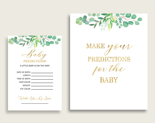 Greenery Baby Shower Prediction Cards & Sign Printable, Green Gold Baby Prediction Game Gender Neutral, Instant Download, Most Popular Y8X33