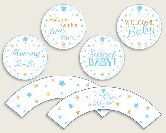 Stars Cupcake Toppers, Blue Gold Cupcake Wrappers, Toppers Wrappers Baby Shower Boy, Instant Download, Most Popular Little Star bsr01