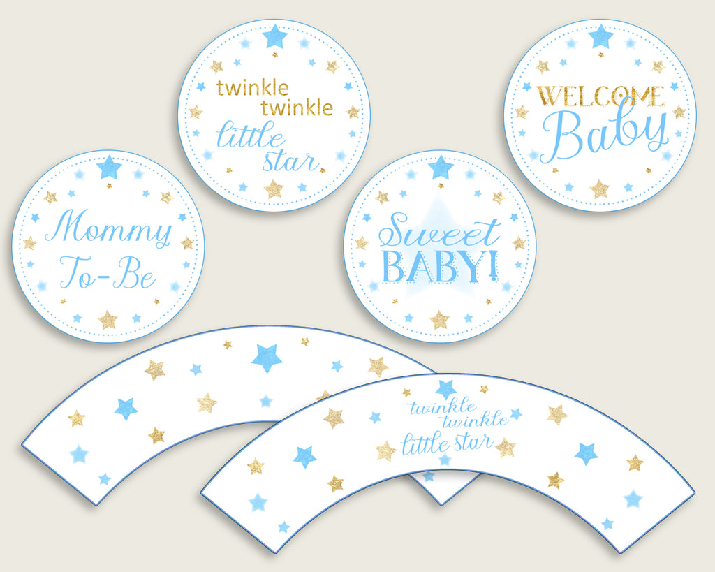 Stars Cupcake Toppers, Blue Gold Cupcake Wrappers, Toppers Wrappers Baby Shower Boy, Instant Download, Most Popular Little Star bsr01