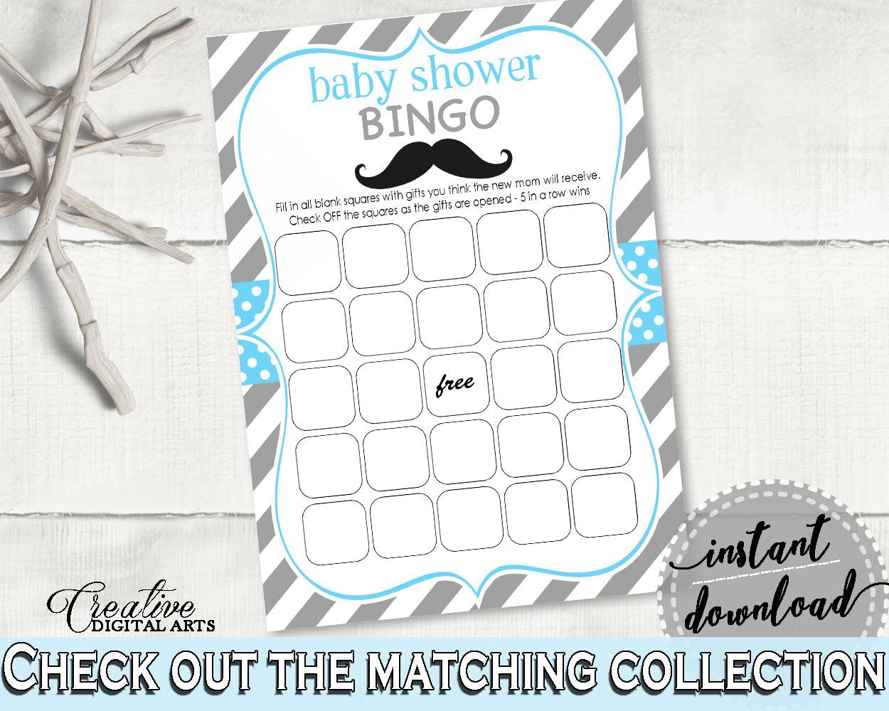 Bingo Gift Game, Baby Shower Bingo Gift Game, Mustache Baby Shower Bingo Gift Game, Baby Shower Mustache Bingo Gift Game Blue Gray 9P2QW - Digital Product