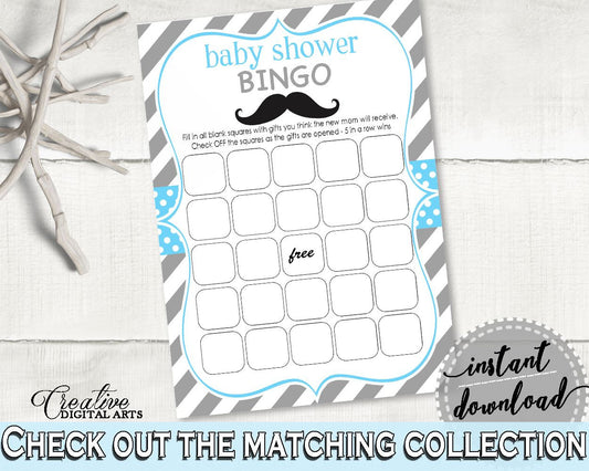 Bingo Gift Game, Baby Shower Bingo Gift Game, Mustache Baby Shower Bingo Gift Game, Baby Shower Mustache Bingo Gift Game Blue Gray 9P2QW - Digital Product