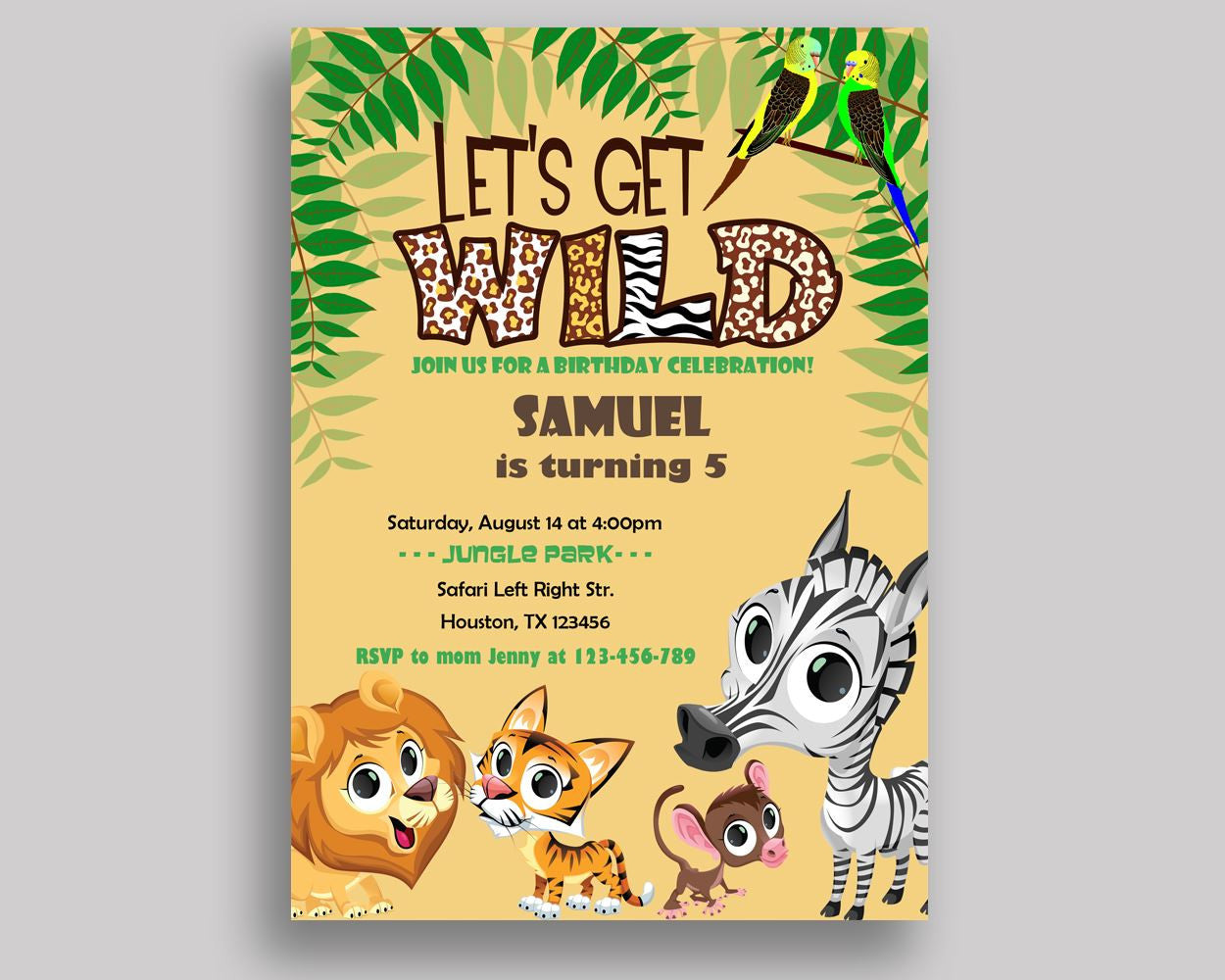 Animals Birthday Invitation Safari Birthday Party Invitation Animals Birthday Party Safari Invitation Boy Girl wild animals, backside 483QC - Digital Product