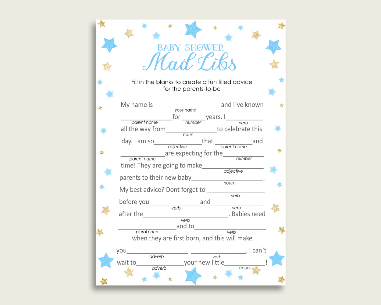 Blue Gold Mad Libs Baby Shower Boy Game Printable, Stars Mad Libs Fun Activity, DIY digital file, Moon Glitter Stars Most Popular bsr01