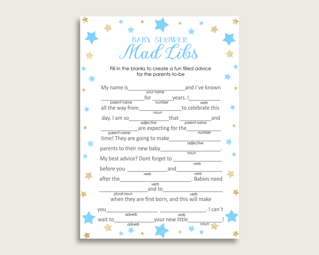 Blue Gold Mad Libs Baby Shower Boy Game Printable, Stars Mad Libs Fun Activity, DIY digital file, Moon Glitter Stars Most Popular bsr01