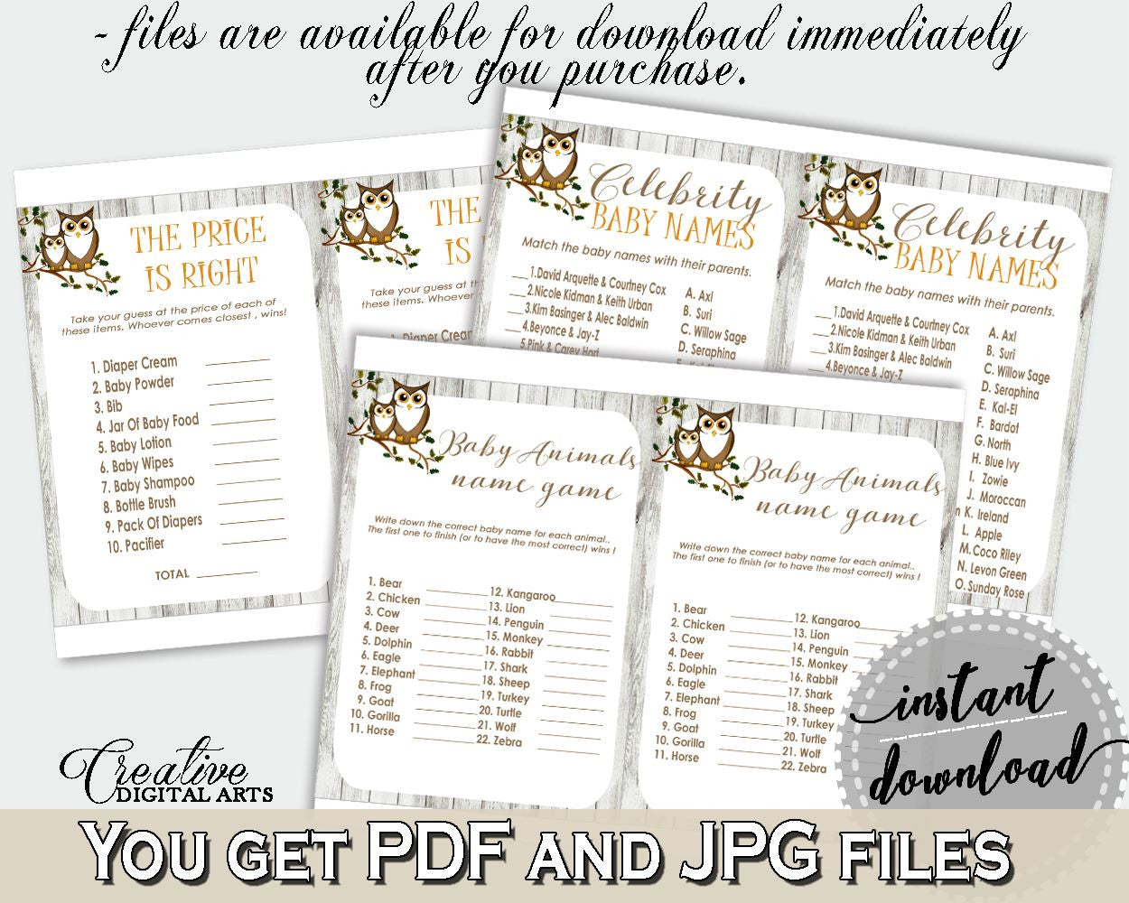 Games Baby Shower Games Owl Baby Shower Games Baby Shower Owl Games Gray Brown printable files, customizable files, party theme - 9PUAC - Digital Product