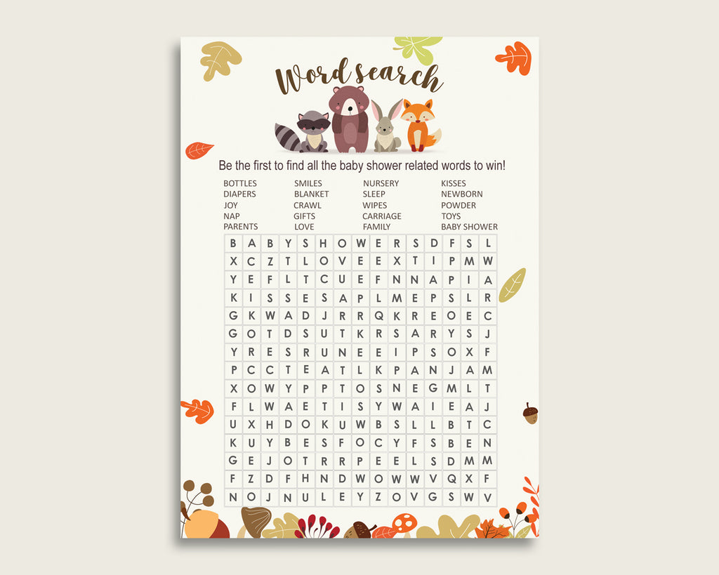 Woodland Word Search Game, Brown Beige Baby Shower Word Search Cards Printable, Gender Neutral Baby Shower Activities, Hidden Words w0001