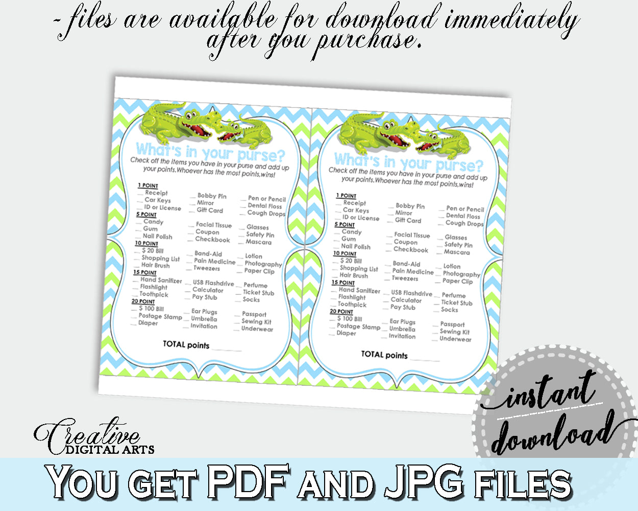 WHAT'S IN YOUR PURSE baby shower game with green alligator and blue color theme, instant download - ap002