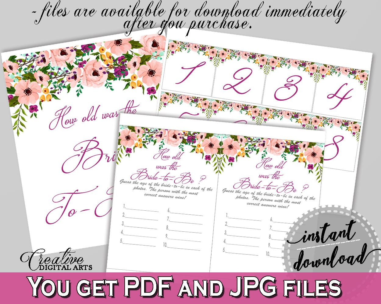 White And Pink Watercolor Flowers Bridal Shower Theme: How Old Was The Bride To Be - how old was fiancée, party planning, prints - 9GOY4 - Digital Product