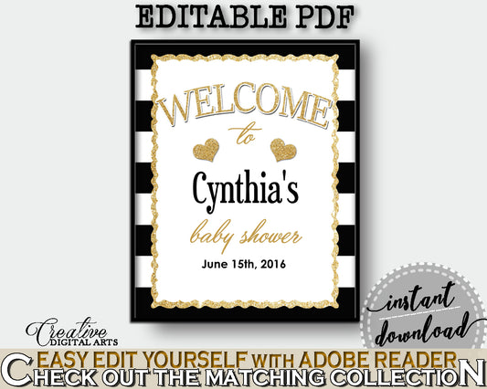 Baby Shower WELCOME sign editable with black stripes color theme printable, glitter gold, digital files, pdf jpg, instant download - bs001