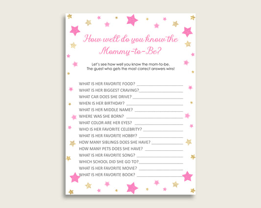 Pink Gold How Well Do You Know Mommy Game, Twinkle Star Baby Shower Girl, Who Knows Mommy Best Printable, Cute Stars Most Popular bsg01