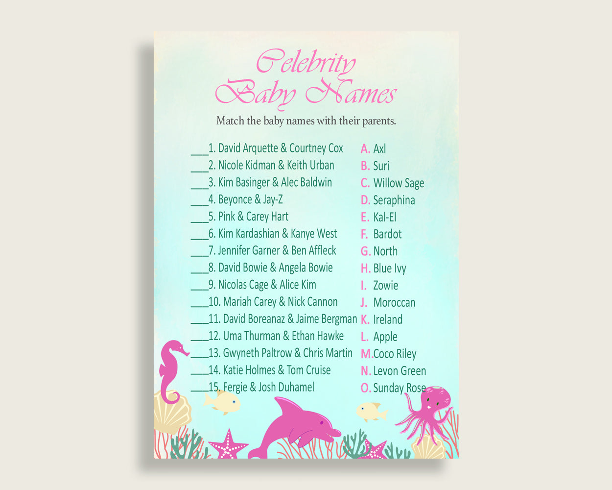 Pink Green Celebrity Baby Names, Under The Sea Baby Shower Girl Name Game Printable, Celebrity Match Game, Famous Babies Game uts01