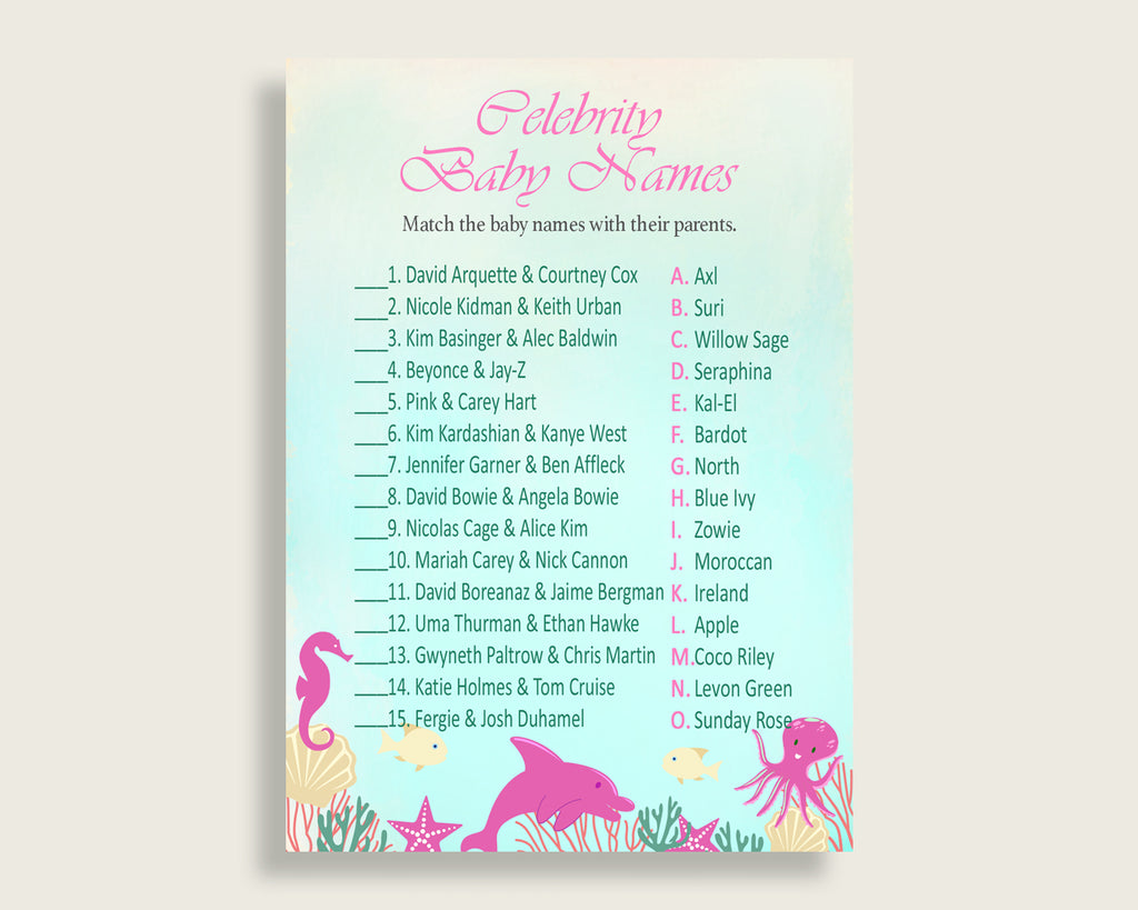 Pink Green Celebrity Baby Names, Under The Sea Baby Shower Girl Name Game Printable, Celebrity Match Game, Famous Babies Game uts01