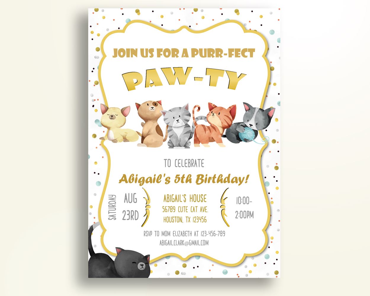 Cat Birthday Invitation Cat Birthday Party Invitation Cat Birthday Party Cat Invitation Boy Girl yellow and white invite for girl CKMGJ - Digital Product