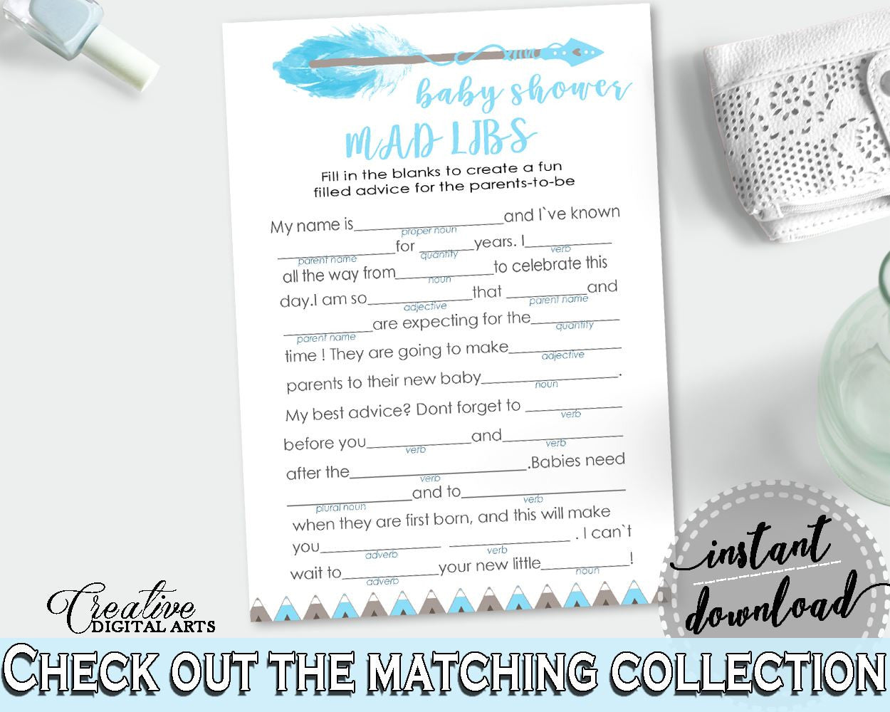 Mad Libs Baby Shower Mad Libs Aztec Baby Shower Mad Libs Blue White Baby Shower Aztec Mad Libs printable - QAQ18 - Digital Product