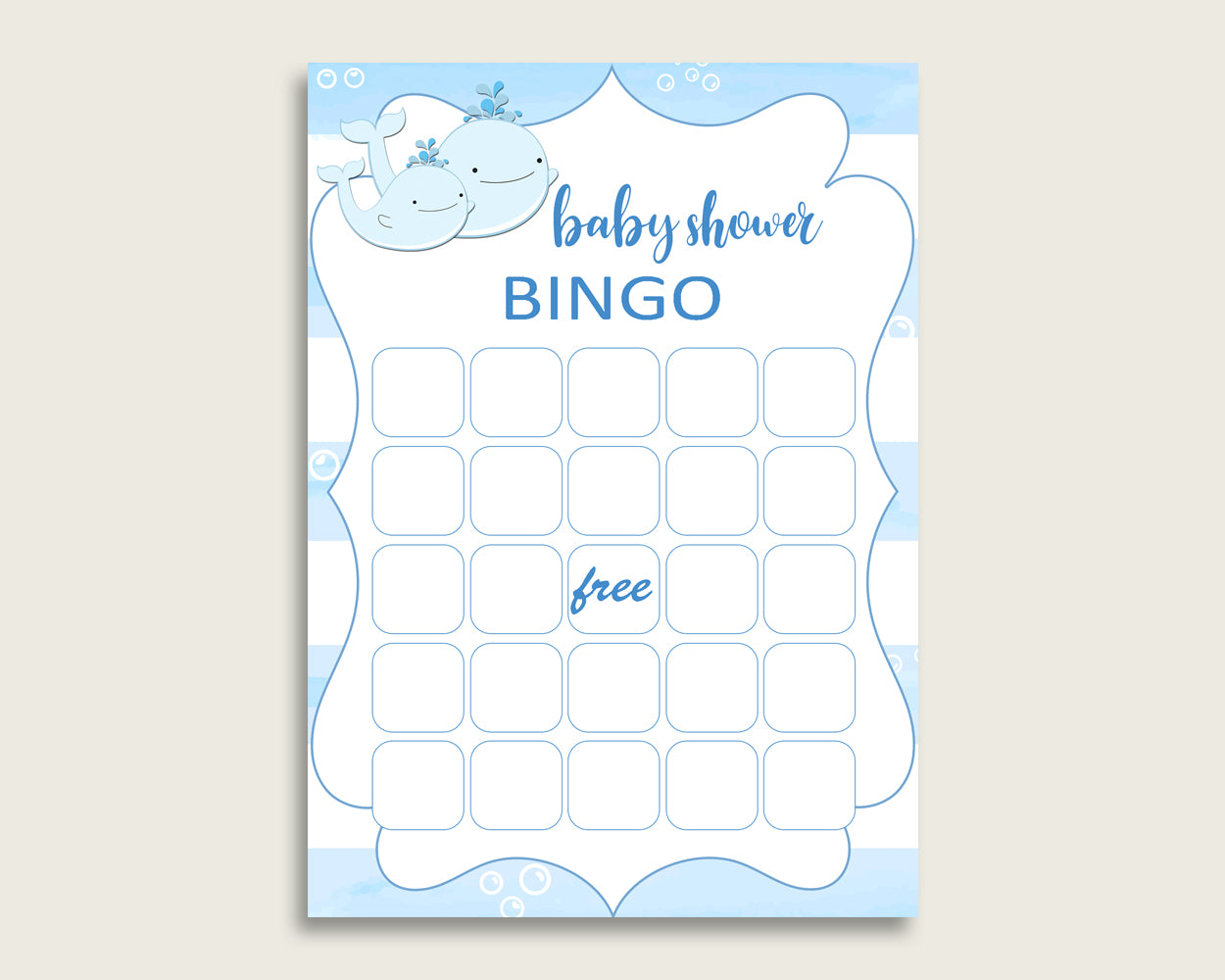 Blue White Baby Shower Bingo Blank Game Printable, Whale Baby Shower Boy Bingo Blank Cards, Bingo Gift Opening Game, Nautical Sea wbl01