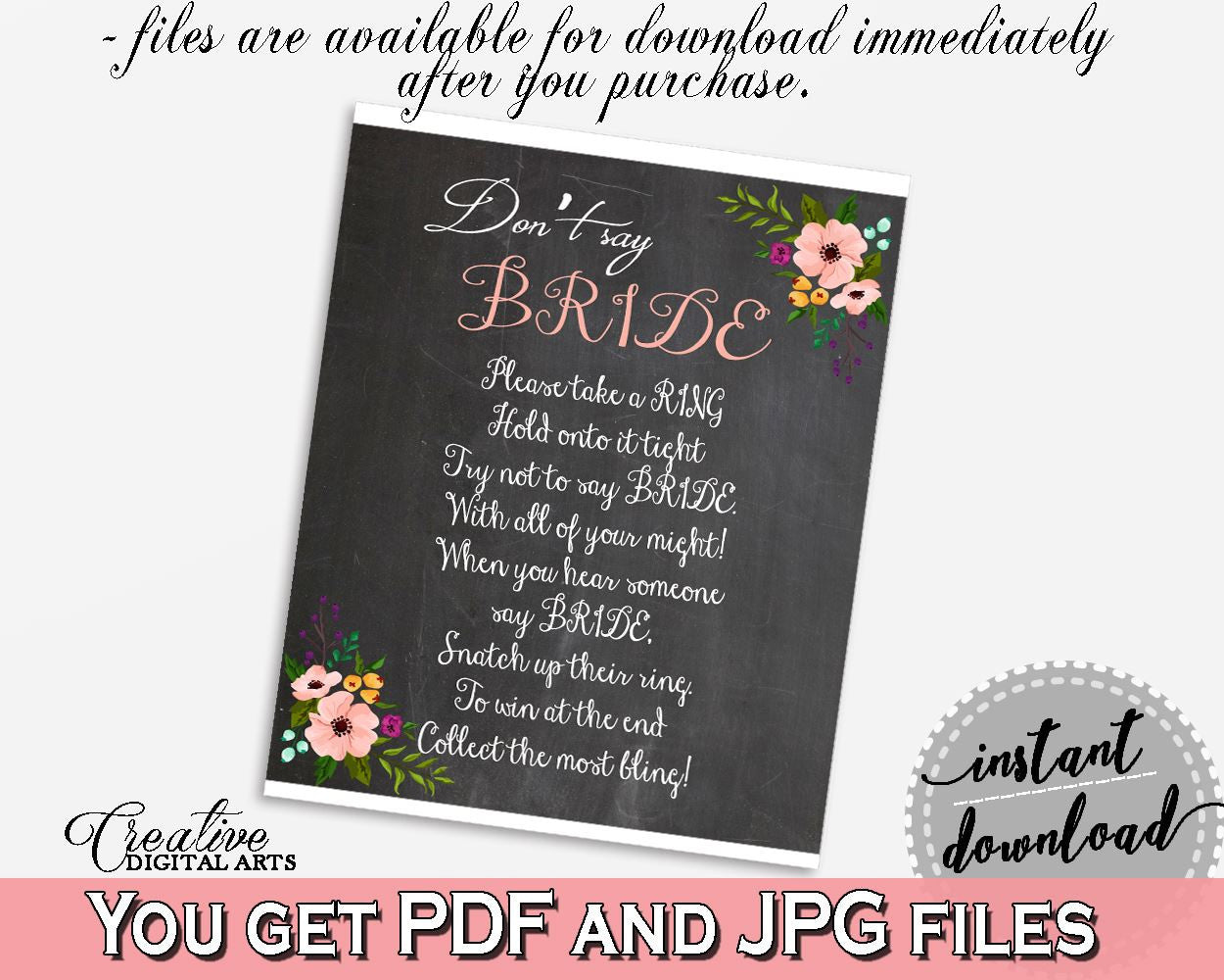 Chalkboard Flowers Bridal Shower Don't Say Bride in Black And Pink, take a ring, chalk bridal shower, paper supplies, party decor - RBZRX - Digital Product