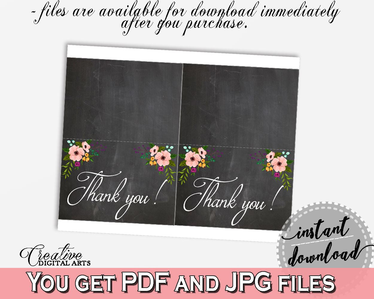 Black And Pink Chalkboard Flowers Bridal Shower Theme: Thank You Card - acknowledgment, chalkboard shower, prints, digital print - RBZRX - Digital Product