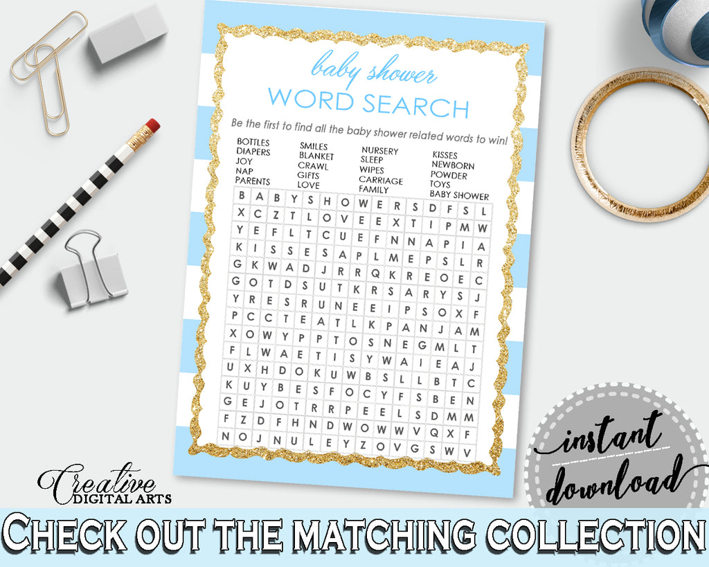 Baby Shower printable WORD SEARCH game with blue and white stripes, digital files jpg pdf, instant download - bs002