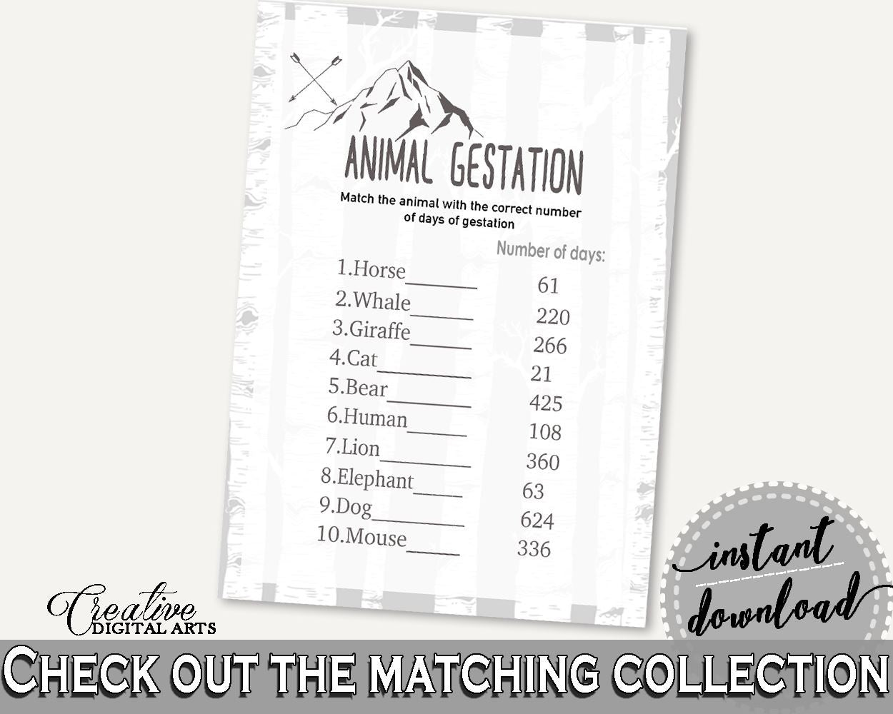 Animal Gestation Baby Shower Animal Gestation Adventure Mountain Baby Shower Animal Gestation Gray White Baby Shower Adventure S67CJ - Digital Product