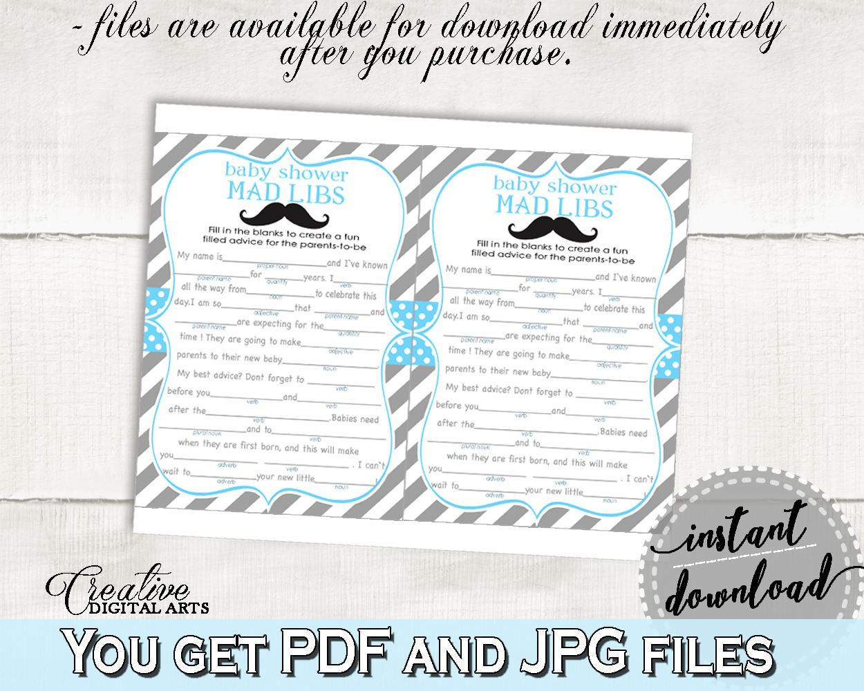 Blue Gray Mad Libs, Baby Shower Mad Libs, Mustache Baby Shower Mad Libs, Baby Shower Mustache Mad Libs shower celebration - 9P2QW - Digital Product