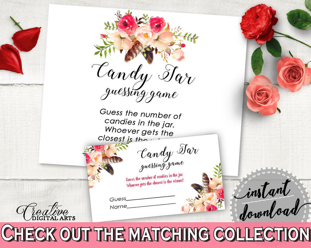 Pink And Red Bohemian Flowers Bridal Shower Theme: Candy Guessing Game - guess candy numbers, feathers theme, party organizing - 06D7T - Digital Product