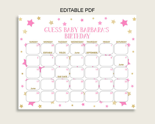 Pink Gold Guess Baby Due Date Calendar Game Printable, Twinkle Star Baby Shower Girl Birthday Prediction Calendar Editable, Instant bsg01