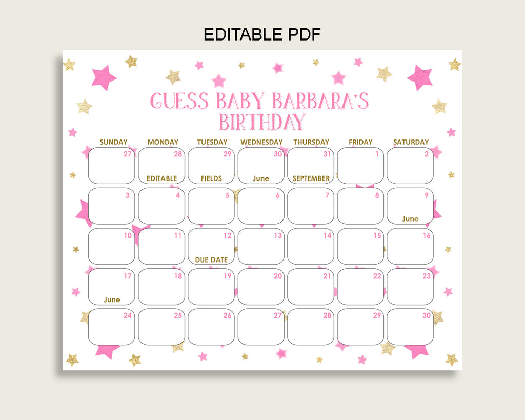 Pink Gold Guess Baby Due Date Calendar Game Printable, Twinkle Star Baby Shower Girl Birthday Prediction Calendar Editable, Instant bsg01