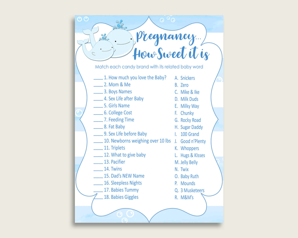 Blue White Pregnancy How Sweet It Is Game, Whale Baby Shower Boy, Printable Candy Bar Match Game, Instant Download, Light Blue wbl01