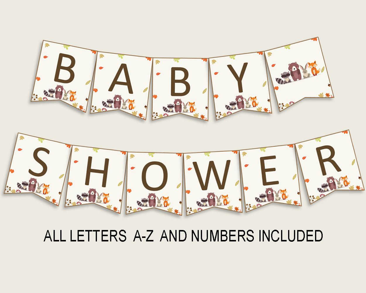 Woodland Baby Shower Banner All Letters, Birthday Party Banner Printable A-Z, Brown Beige Banner Decoration Letters Gender Neutral, w0001