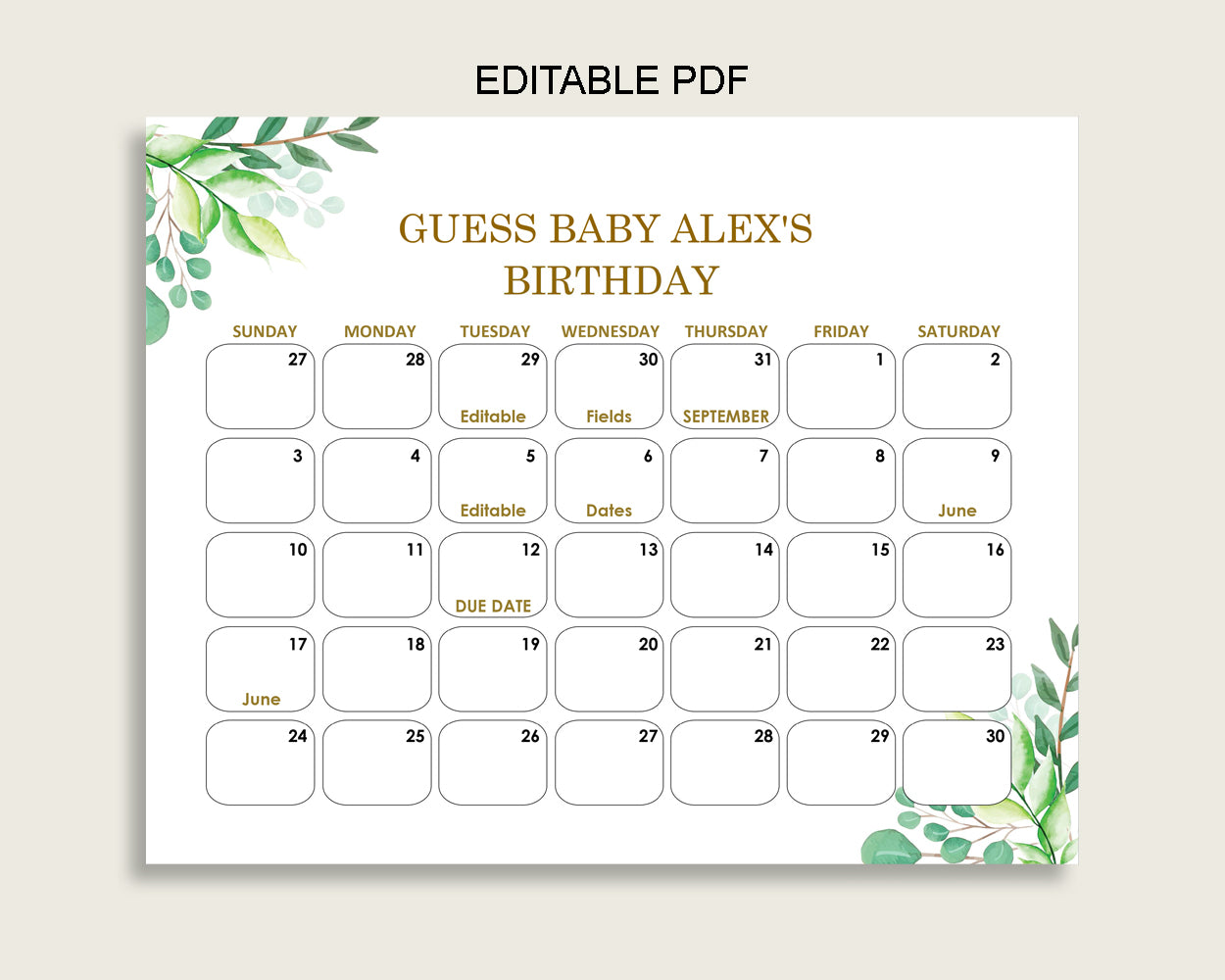 Green Gold Guess Baby Due Date Calendar Game Printable, Greenery Baby Shower Gender Neutral Birthday Prediction Calendar Editable Y8X33