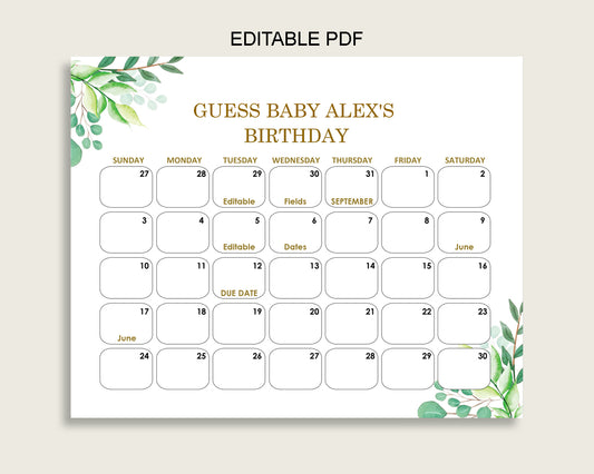 Green Gold Guess Baby Due Date Calendar Game Printable, Greenery Baby Shower Gender Neutral Birthday Prediction Calendar Editable Y8X33