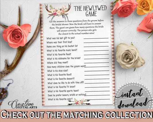 Gray and Pink Antlers Flowers Bohemian Bridal Shower Theme: The Newlywed Game - what did bride say, deer antlers, shower activity - MVR4R - Digital Product