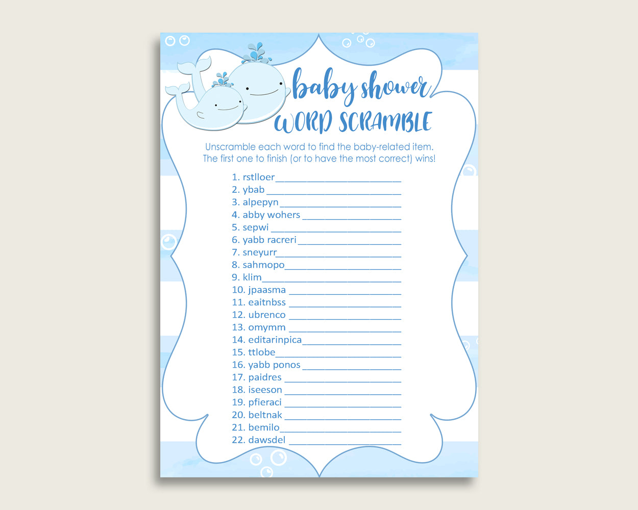 Boy Baby Shower Word Scramble Game Printable, Cute Whale Blue White Word Scramble, Funny Activity, Instant Download, Light Blue wbl01