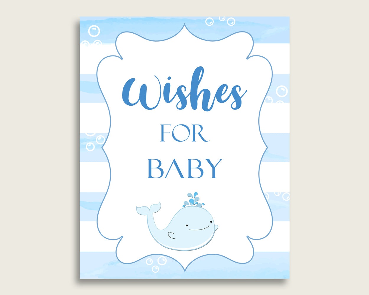 Blue White Wishes For Baby Cards & Sign, Whale Baby Shower Boy Well Wishes Game Printable, Instant Download, Watercolor Stripes Light wbl01