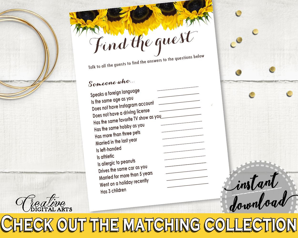 Find The Guest Bridal Shower Find The Guest Sunflower Bridal Shower Find The Guest Bridal Shower Sunflower Find The Guest Yellow White SSNP1 - Digital Product