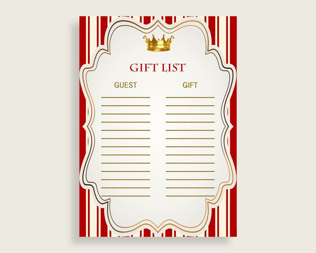 Prince Baby Shower Gift List, Red Gold Gift List Printable, Boy Baby Shower Gift Checklist Sheet, Instant Download, Most Popular 92EDX
