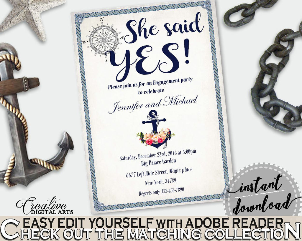 Nautical Anchor Flowers Bridal Shower She Said Yes Invitation Editable in Navy Blue, she said yes invite, digital download, prints - 87BSZ - Digital Product
