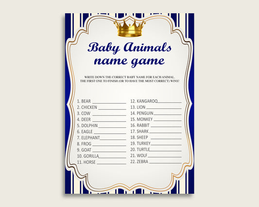 Royal Prince Name The Baby Animals Game Printable, Blue Gold Baby Shower Animal Game, Boy Baby Shower, Instant Download, Royal Blue, rp001