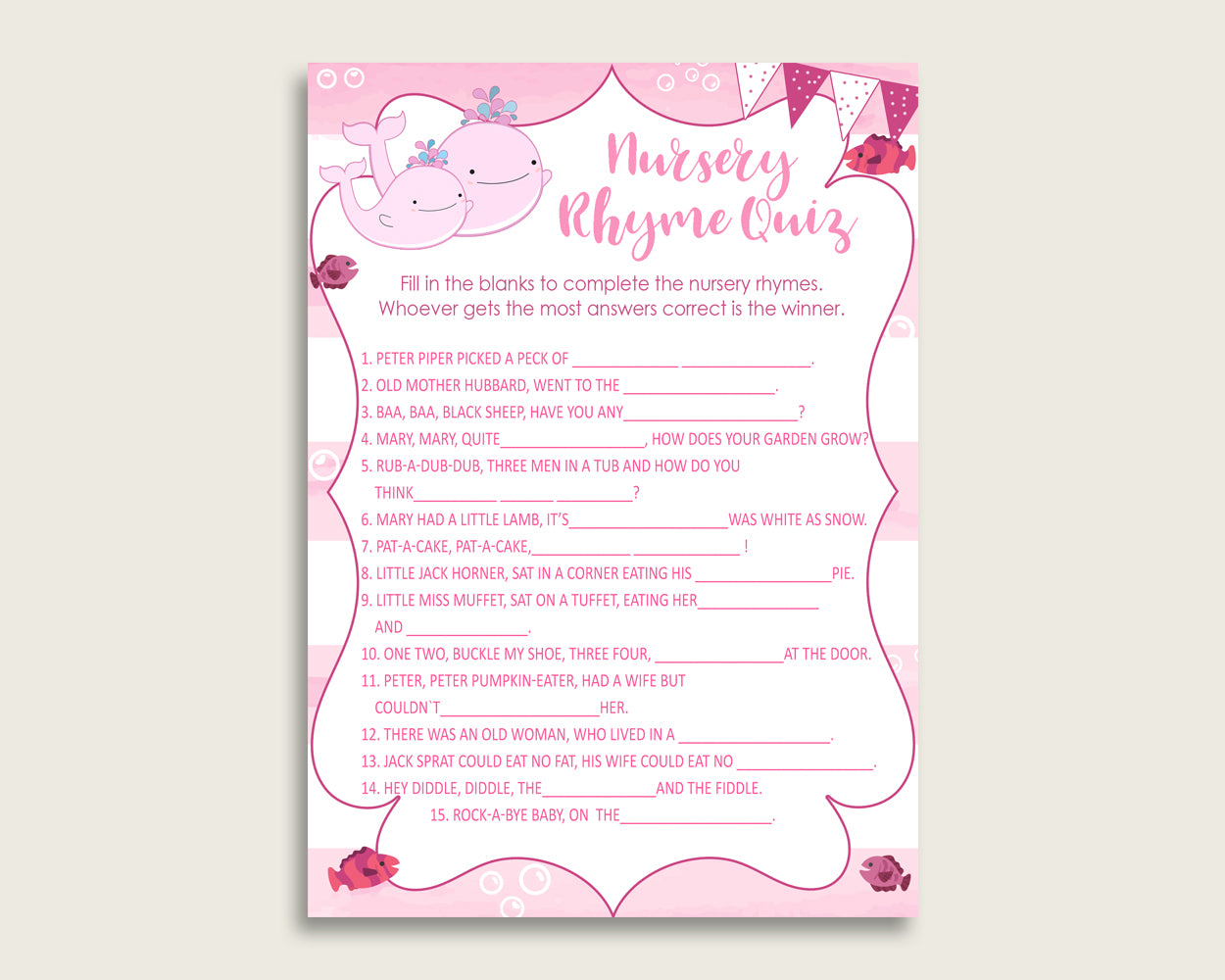 Pink Whale Nursery Rhyme Quiz Printable, Pink White Nursery Rhyme Game, Pink White Baby Shower Girl Activities, Instant Download, wbl02